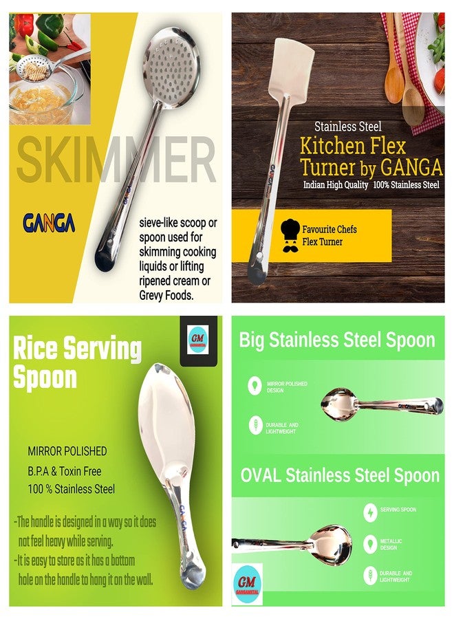 GANGAMETAL طقم ملاعق جانجاميتال مكون من 5 قطع للمطبخ | طقم ملاعق تقديم | أدوات مطبخ للطبخ المنزلي | ملعقة كبيرة، مغرفة، مغرفة، ملعقة تقليب مرنة، ملعقة أرز | لون فضي - Image 3